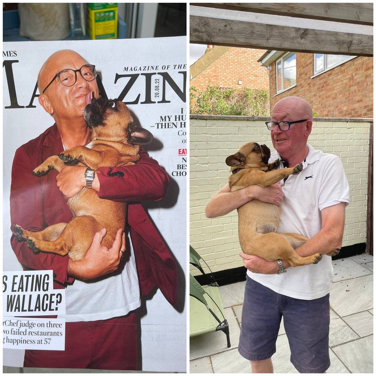 debbiec1980's tweet photo. @GreggAWallace we thought your Saturday times cover looked familiar! #twinning #frenchbulldog https://t.co/BtWj4292bX