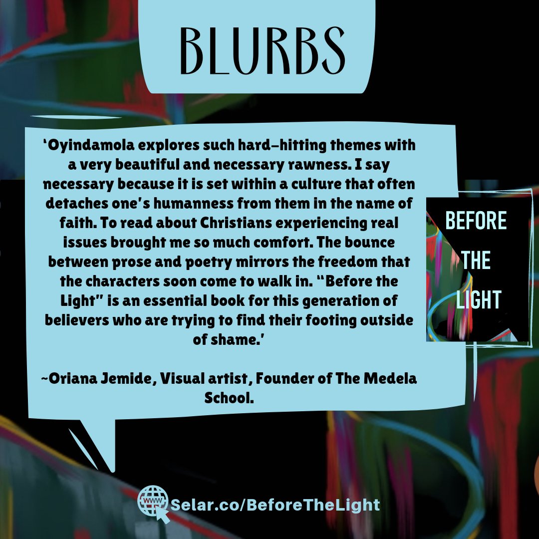 feyikemi_'s tweet photo. One more sleep till my novella #BeforeTheLight is launched ππ½ππ½ππ½
Thank you so much for your kind, beautifully crafted words, @lanaire_aderemi and @rianajemide β€οΈβ€οΈβ€οΈ
Link to pre-order: https://t.co/D7DBRIbfk5 https://t.co/gcn8SofDKq