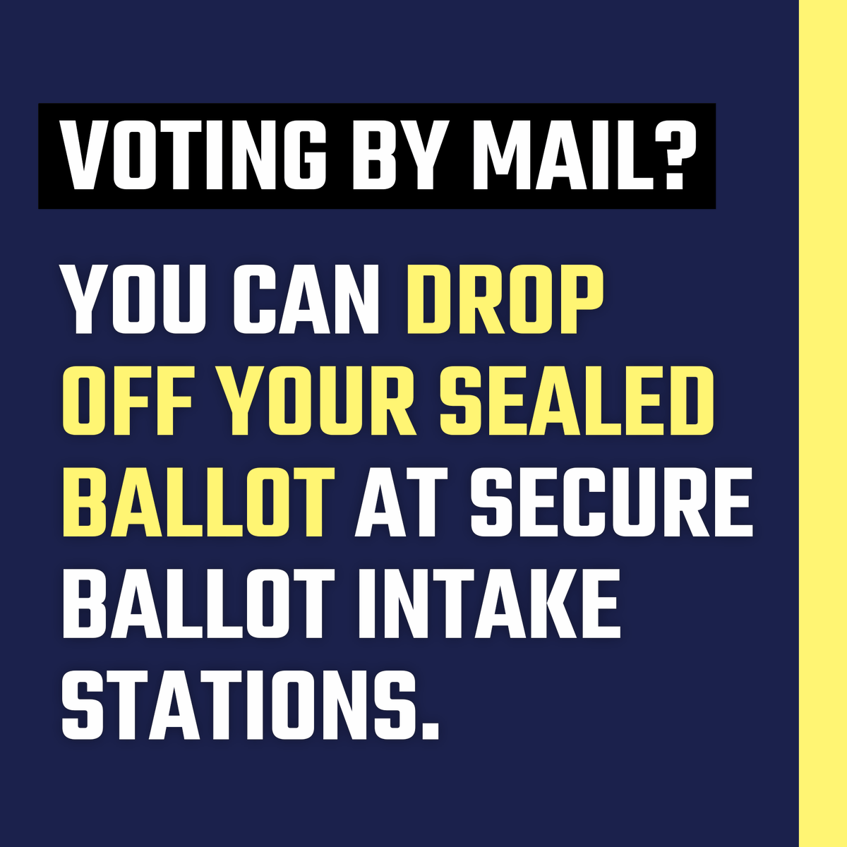 If you received a #VoteByMail ballot, you can deposit your completed and sealed ballot at one of your county's approved secure drop box locations. Remember: election officials MUST receive your ballot BEFORE voting ends for it to count!