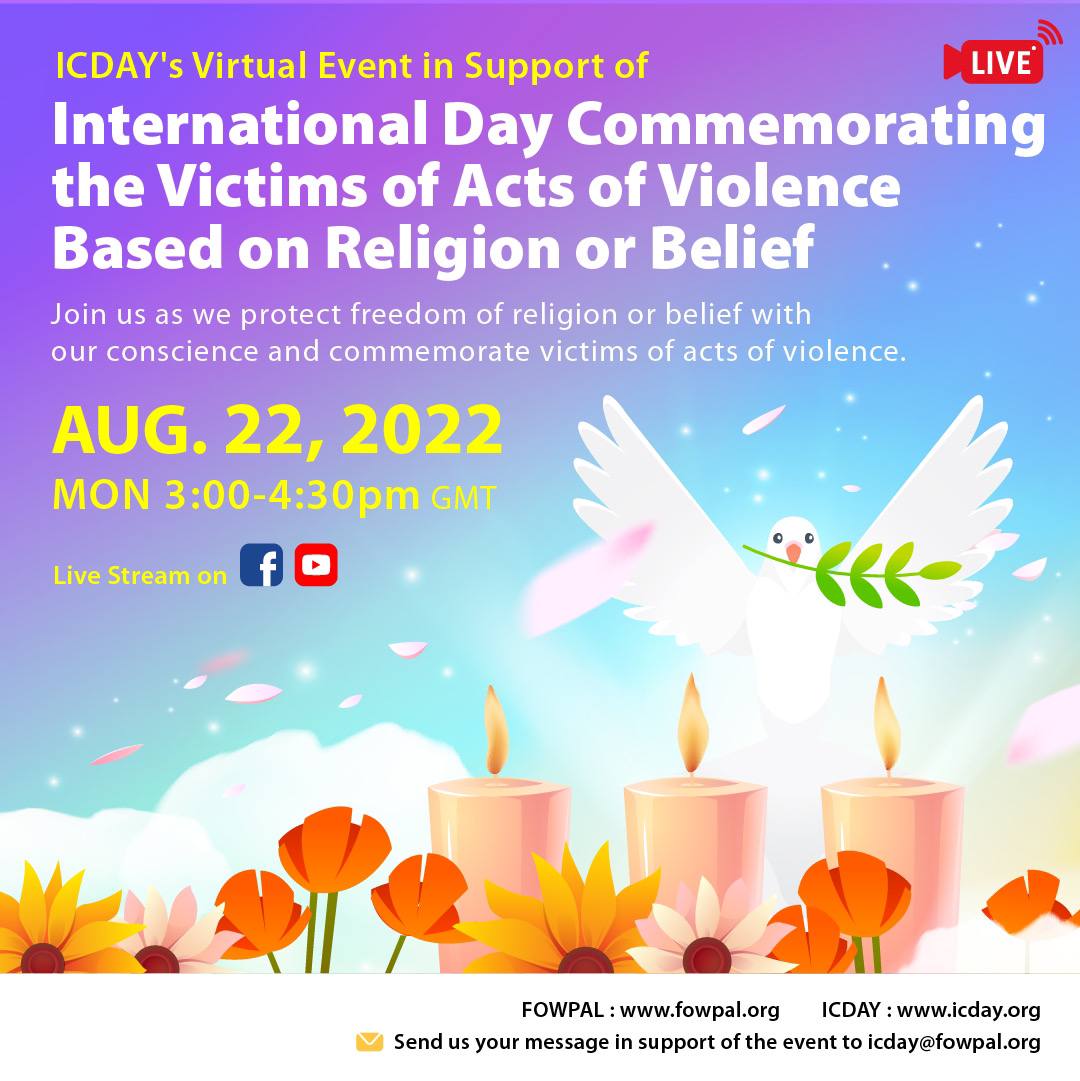icday2020's tweet photo. Join us in commemorating the Victims of Acts of Violence Based on Religion or Belief on August 22. You are invited to share inspirational stories about the role of conscience in the promotion and protection of human rights. 

https://t.co/vqnonlvJAj https://t.co/lQw39tLy6y