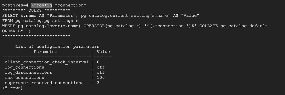 mahtodeepak05's tweet image. #PostgreSQL 15 version have cool features to search configuration or params using #psql \dconfig option
its queries pg_settings with pattern matching.