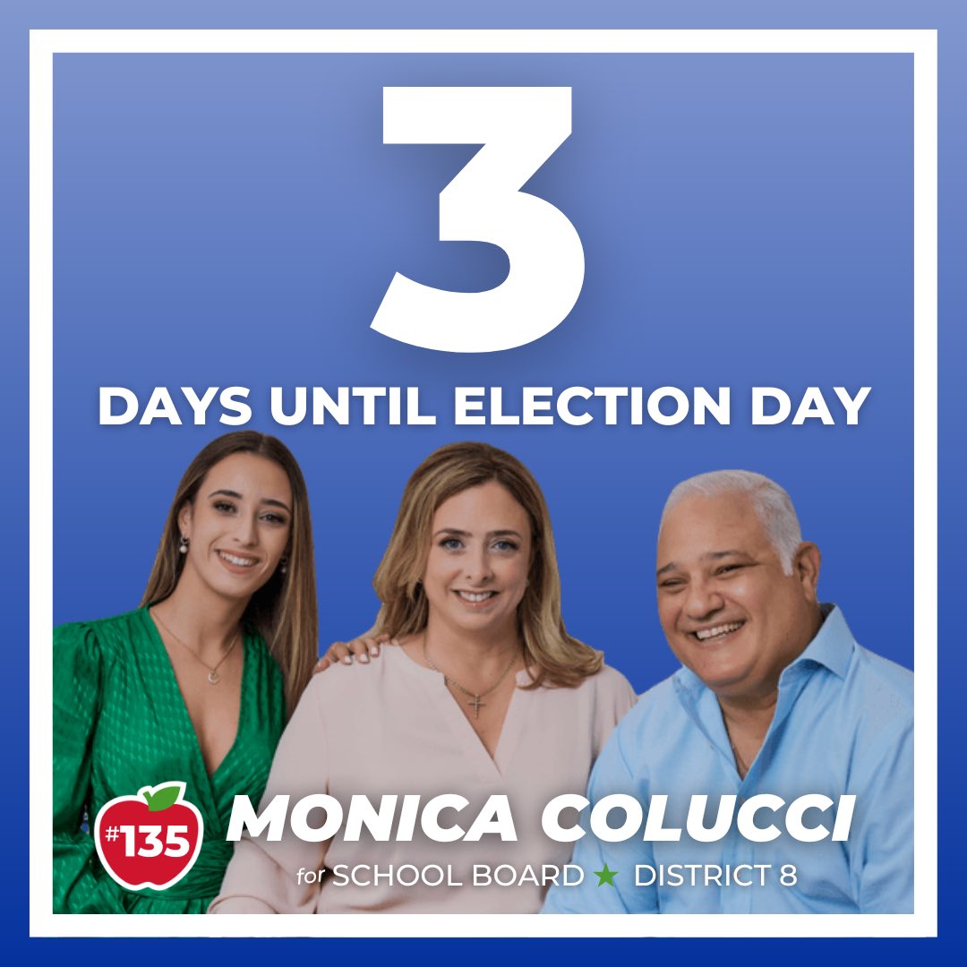 MonicaColucciFL's tweet image. Only 3 days left until Election Day! Find your nearest early voting site and help us take back our School Board by voting for Monica Colucci #135 on your ballot!

#WestKendall #Westchester #WestMiami #CoralGables #Kendall #TheHammocks #KendaleLakes #Tamiami