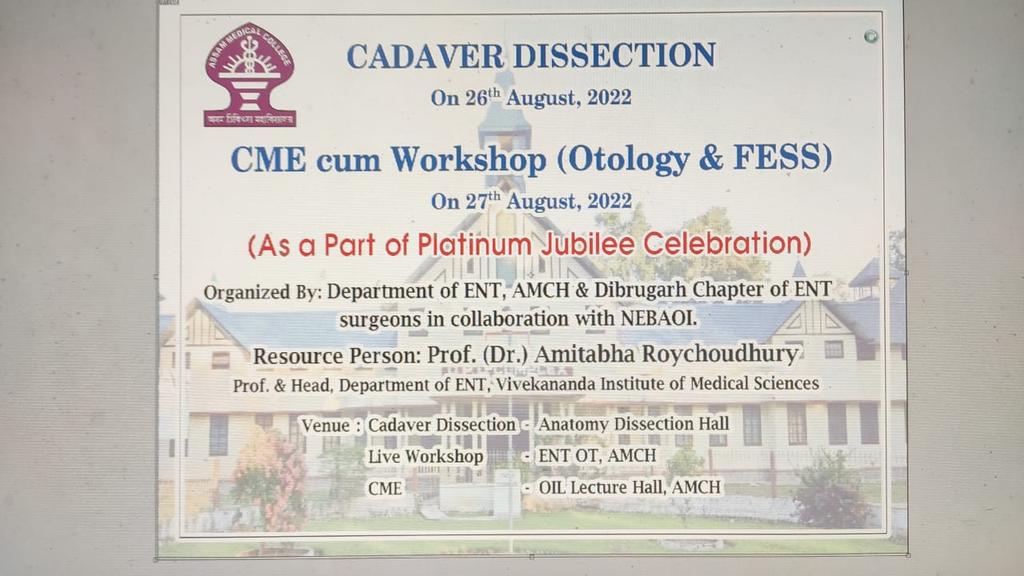 entamch's tweet photo. As a part of platinum jubilee celebration of @AMCHDibrugarh Cadever disection and Surgical workshop in Department of ENT, AMCH. @rajivdasmajuli @TezpurH @drraktimtamuli @FaamchB @SilcharH @LMCHAssam https://t.co/pLkDMsjIOd