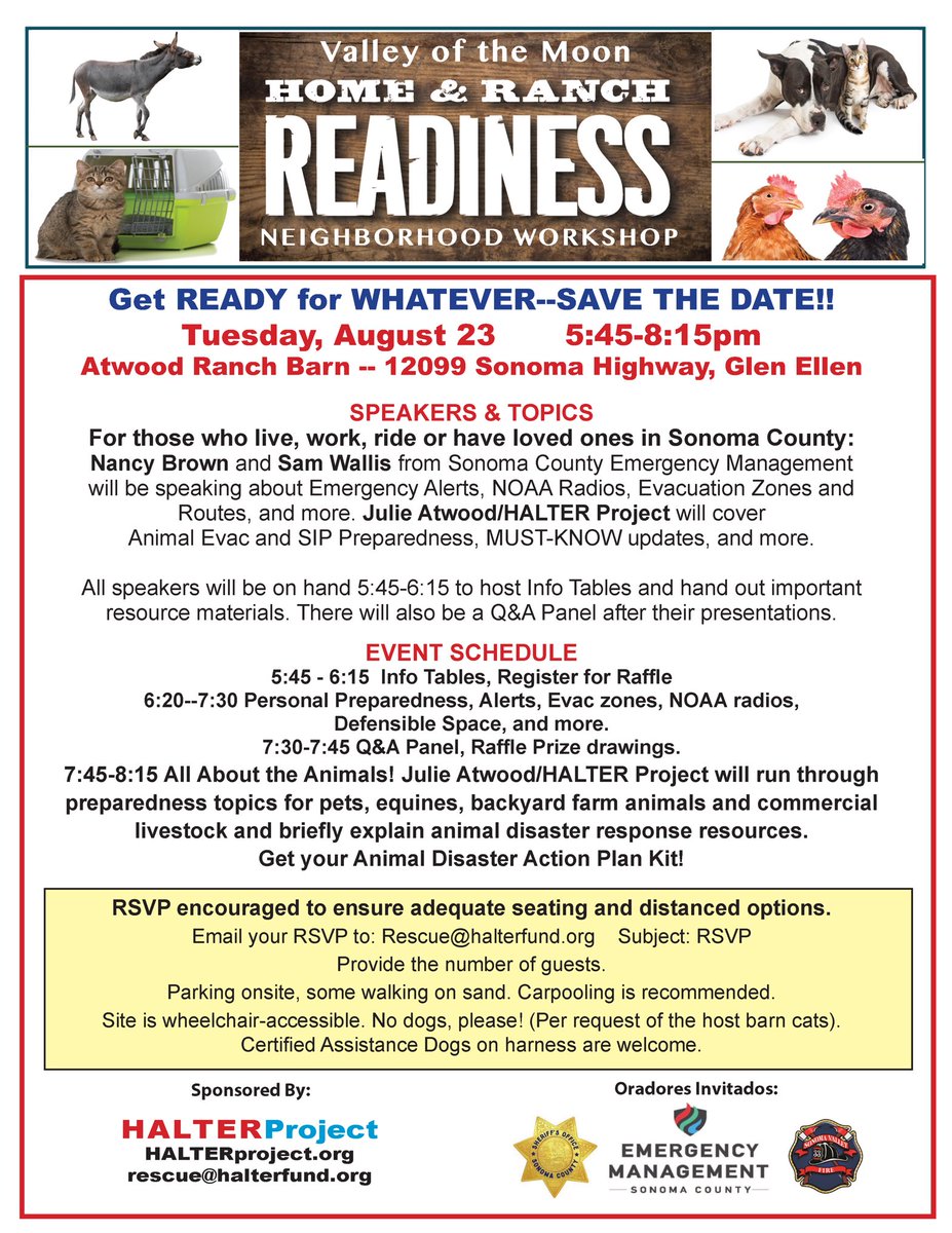 halterproject's tweet photo. Safety in Sonoma Valley! Tuesday August 23, Glen Ellen. For everyone! #PetSafety #AnimalDisasterPrep #Pets+People #AllAnimalSafety #Equines https://t.co/2SiZOOfeSO