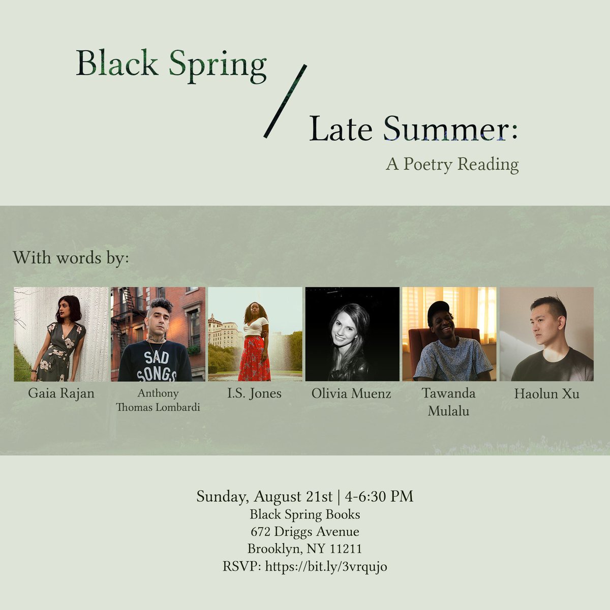 NYC public service announcement that myself and friends will be reading at @blackspringbk tomorrow. 

Come out and hang with us! (@gaiarajan @isjonespoetry  @oliviamuenz @haolun1 etc, etc--)