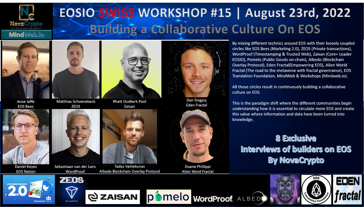 EOSIO🇨🇭Workshop1️⃣5️⃣
Building a Collaborative Culture
8️⃣Guest On EOS
youtube.com/novacryptoltd
🔔August 23 - 1530 UTC
#EOS $EOS #web3 #blockchain 
<a href="/AntelopeIO/">Antelope</a> @EosNFoundation 

<a href="/bywirenews/">Bywire News</a> 
<a href="/EOS_Bees/">EOS Bees 🐝</a> <a href="/PomeloGrants/">Pomelo - web3 crowdfunding</a> @ZEOSonEOS  <a href="/WordProofio/">WordProof | Let's Build the Trusted Web, Together</a> <a href="/zaisanglobal/">Zaisan</a>
<a href="/EdenFractal/">Eden Fractal</a> <a href="/EOSTrFoundation/">EOS Translation Foundation</a>