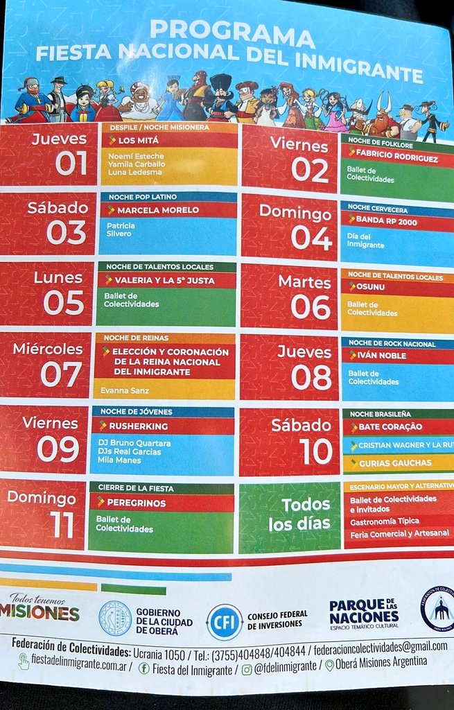 mgmisiones's tweet photo. Con organizadores de la 42º Fiesta Nacional de los Inmigrantes recorrimos el Parque de las Naciones. Vimos los preparativos de la gran fiesta de las colectividades que ya se palpita en #Oberá.
#Misiones
@fninmigrante
@gobmisiones https://t.co/ymrGhMLbC7