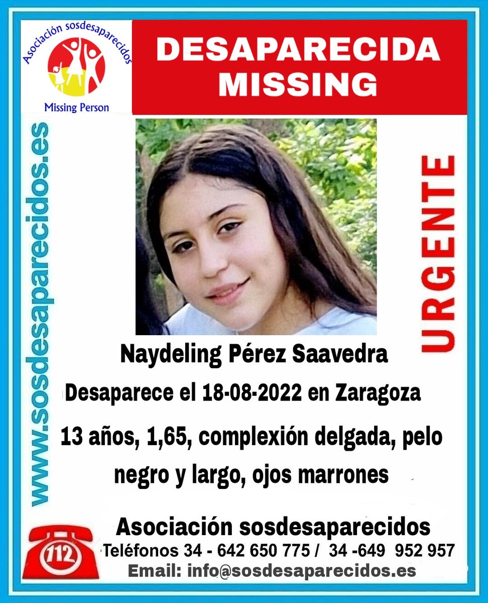 guardiacivil's tweet photo. 🆘#MUYURGENTE⚠️ 

Esta es Naydeling, una #menor que ha #desaparecido en #Zaragoza

Si la has visto llámanos
 ☎062 
 ☎091
 ☎112 

Tu RT es muy importante https://t.co/7nUasGxWAd