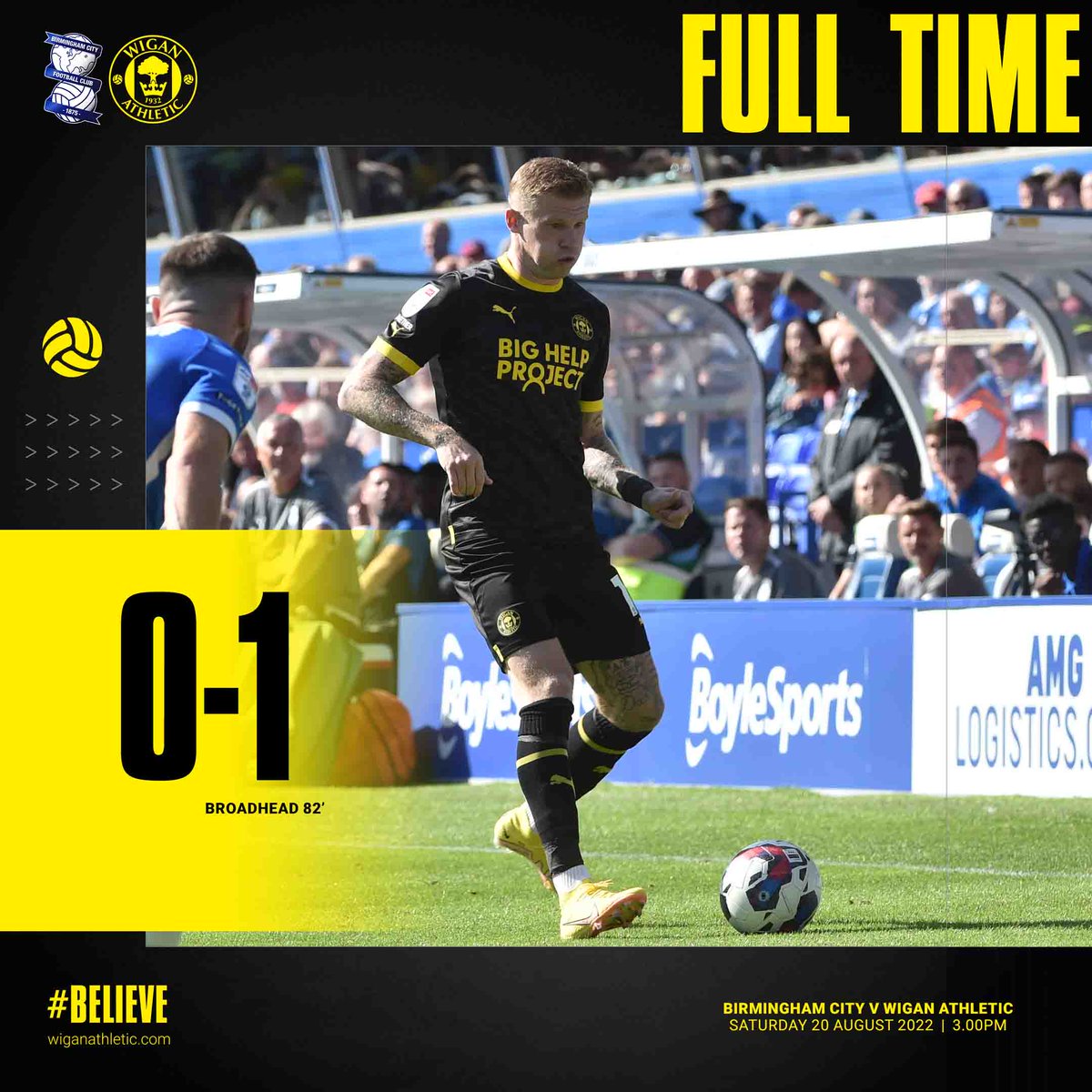 LaticsOfficial's tweet photo. ⏱️ Full Time | Birmingham City 0-1 Wigan Athletic

🖤 A superb away performance helps 10-man Latics earn their first victory of the season at St Andrew's!

🙌 Simply outstanding character &amp; resilience on display from Leam Richardson's side throughout!

#wafc ⚫️🟡 #BELIEVE https://t.co/MlZX1zohao