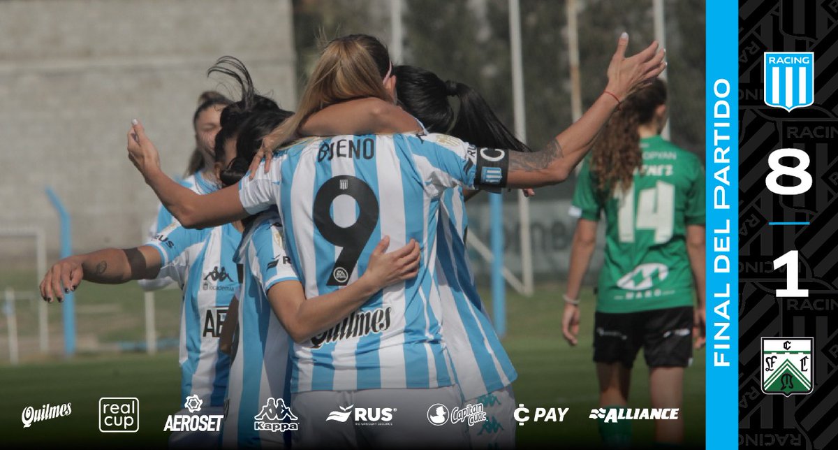 RacingClub's tweet photo. ¡GOLEADA DE RACING! 💙

Fue 8 a 1, con dos goles de Rocío Bueno, uno de Milagros Menéndez, de Luana Muñoz, de Aldana Narvaez (penal), de Lina Gómez y dos en contra.

El equipo de Agustín Benchimol sigue tercero, con 38 puntos.

¡Vamos Racing! 💪 https://t.co/cXDFMuASJR