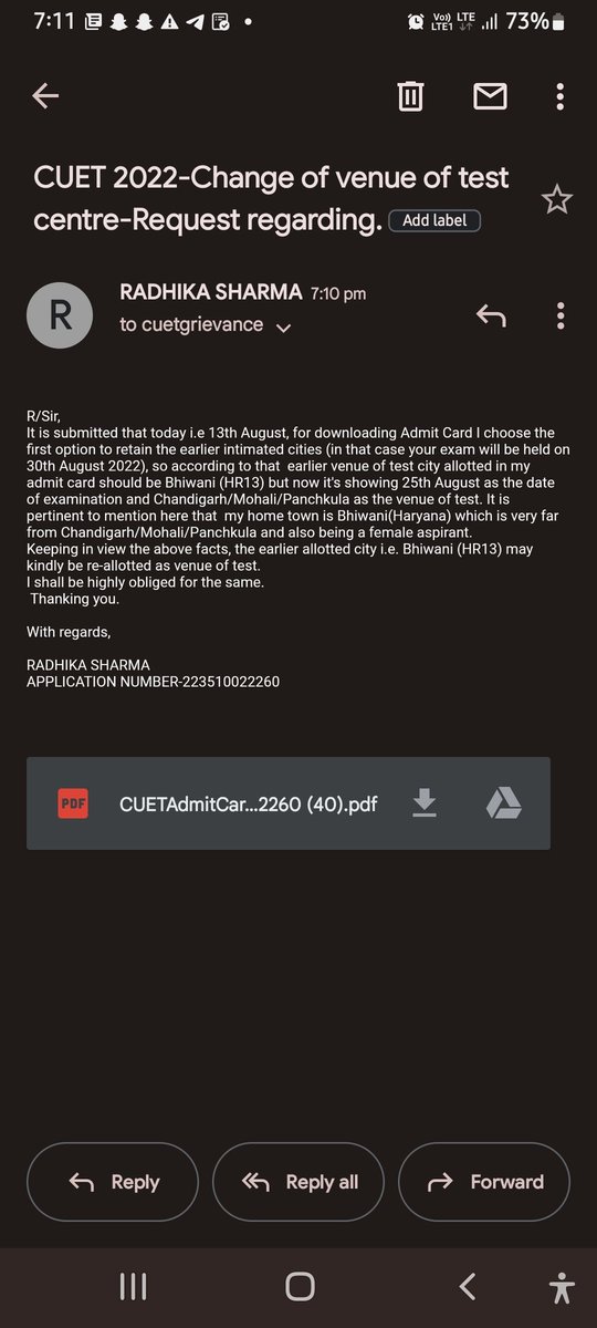 RADHIKA41527080's tweet photo. #solveCUETexamissue@DG_NTA sir please allot my venue of the test city according to my preferences given in the CUET application Form i.e BHIWANI, HISSAR, JIND, ROHTAK. In my admit card the venue of test city is more than 300 km far away from my home town BHIWANI i.e CHANDIGARH. https://t.co/2qzqnDPst4