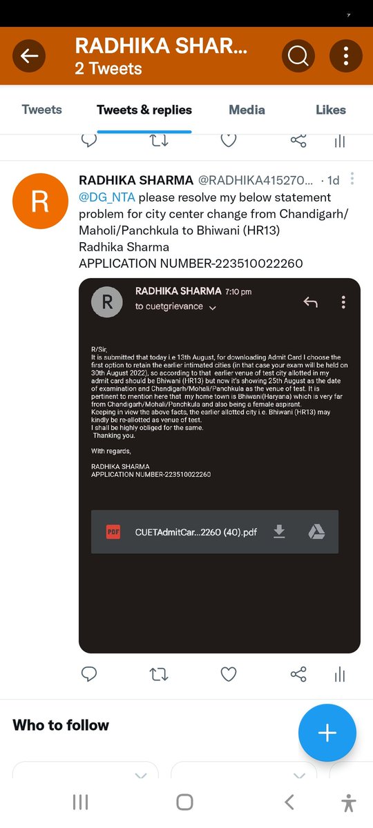 RADHIKA41527080's tweet photo. #solveCUETexamissue@DG_NTA sir please allot my venue of the test city according to my preferences given in the CUET application Form i.e BHIWANI, HISSAR, JIND, ROHTAK. In my admit card the venue of test city is more than 300 km far away from my home town BHIWANI i.e CHANDIGARH. https://t.co/2qzqnDPst4