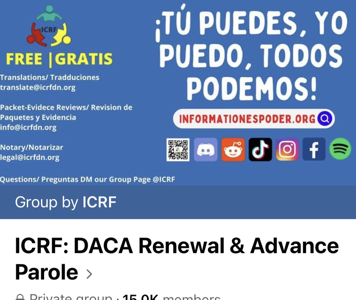 ICRFoundation_'s tweet photo. Do you have #DACA and been paying lawyers almost $2,000 to renew your #DACA every two years ? Come join our group on Facebook we have guides you can use to do it yourself. Dreamers helping other dreamers! https://t.co/7ngF7J9aTE