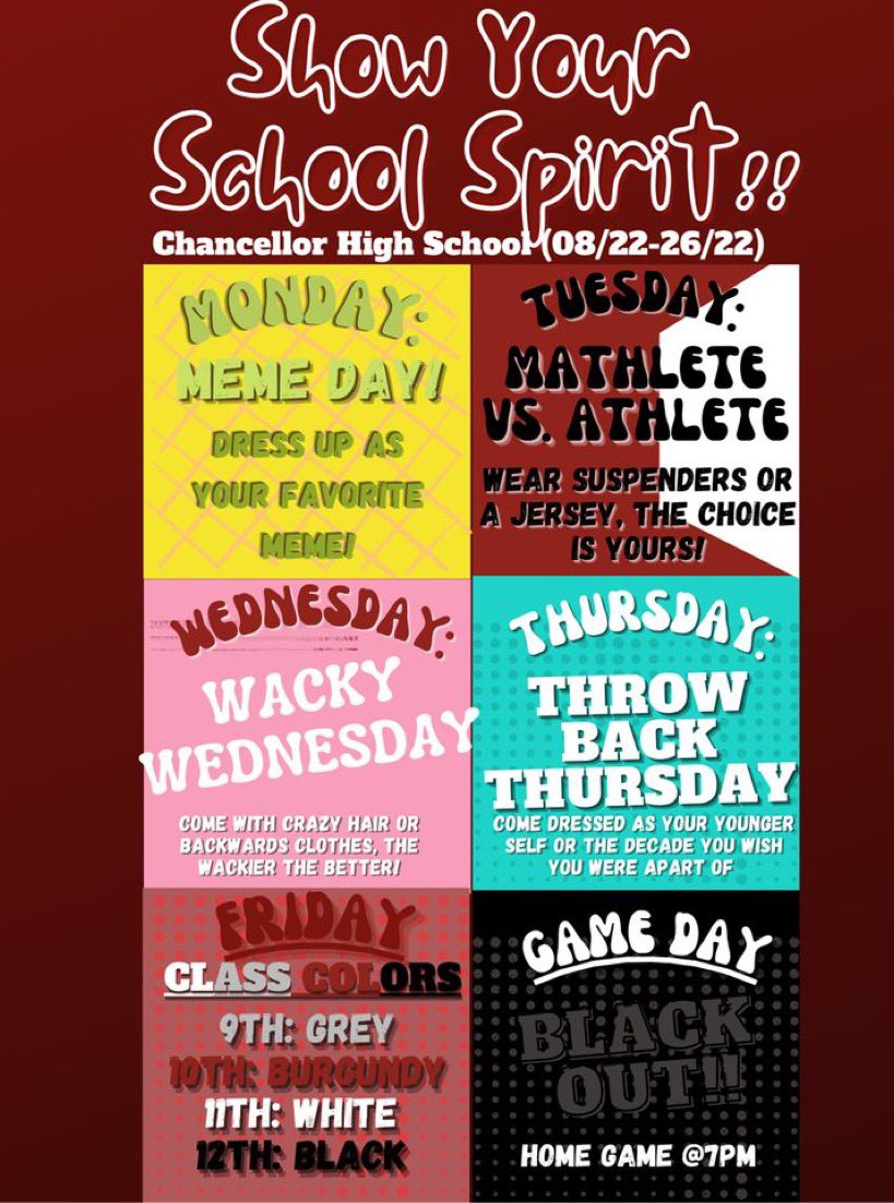 Spirit week this week! First home football game!⚡️🏈
<a href="/ChargerChaos/">Charger Chaos</a> <a href="/ChanAthletics/">Chancellor Athletics</a>