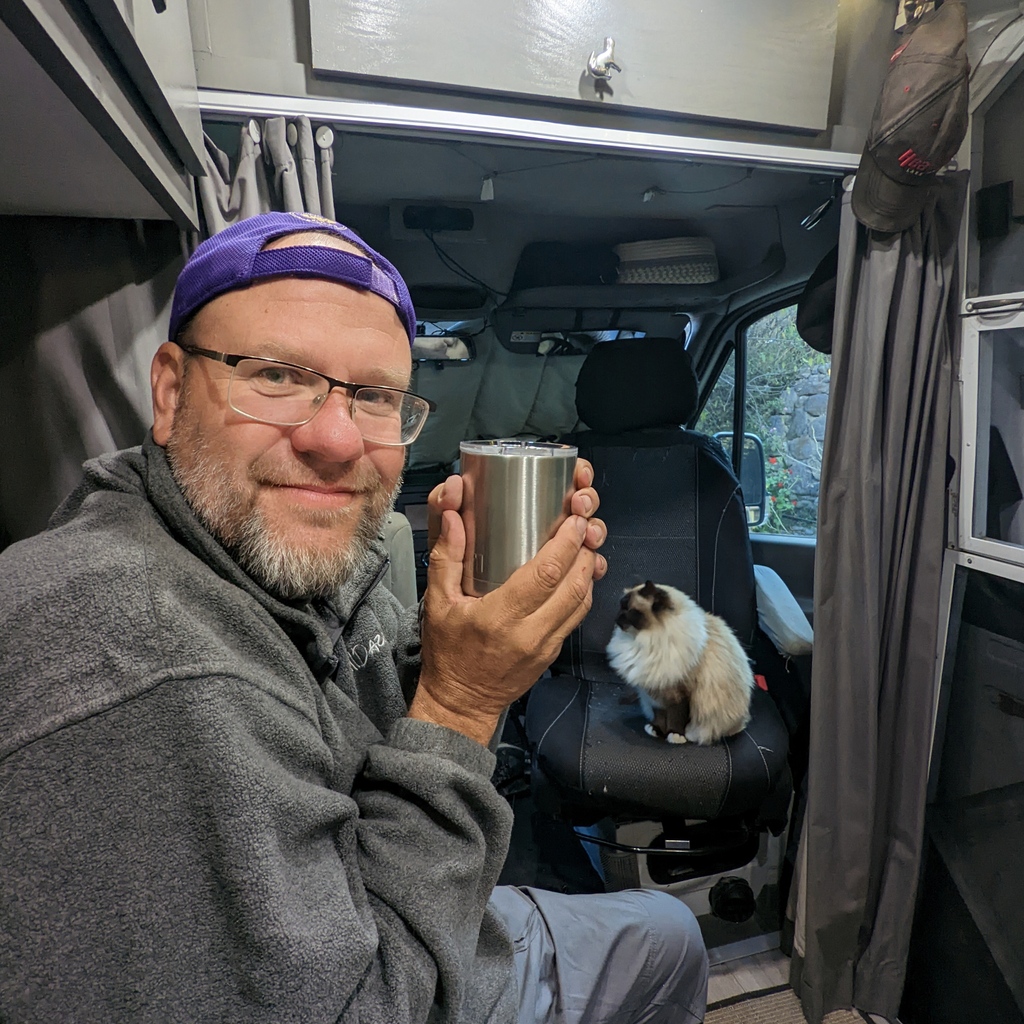 SnowAndCurt's tweet photo. Curt has a giant grin on his face... our friend brought us some 'comfort items' from eh states when she flew in to do Machu Pichu with us... and this Yeti Coffee Cup may be his favorite!
#vanlife #snowandcurt #fulltimetravel
#Peru #PeruVanLife #SouthAmericaVanLife
#PeruTravel https://t.co/qC4GxKIUMh