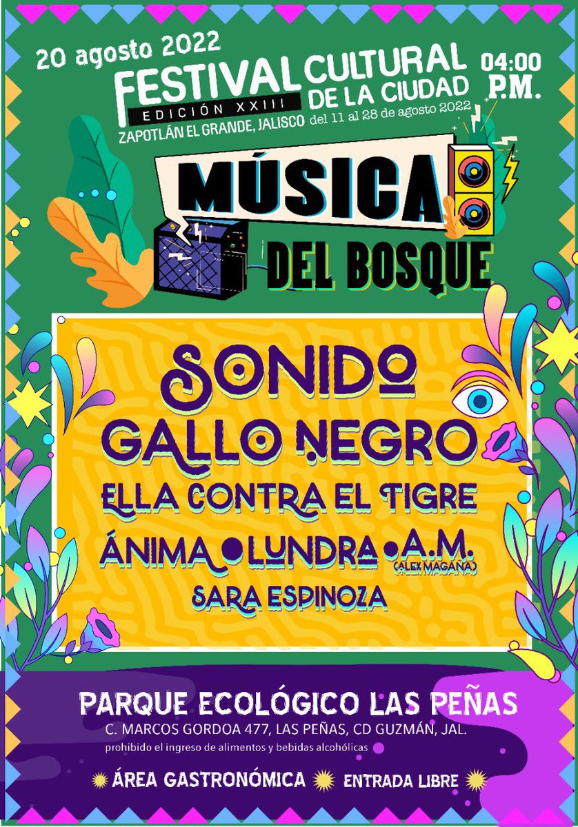 Nos vemos hoy en el concierto Música del Bosque en el Parque Ecológico Las Peñas desde las 4:00 pm. Sonido Gallo Negro - Ella Contra El Tigre - LUNDRA - Sara B. Espinöza - Alejandro Magaña - ÄNIMA

Los esperamos para una gran noche de música en la naturaleza

@culturazapotlan