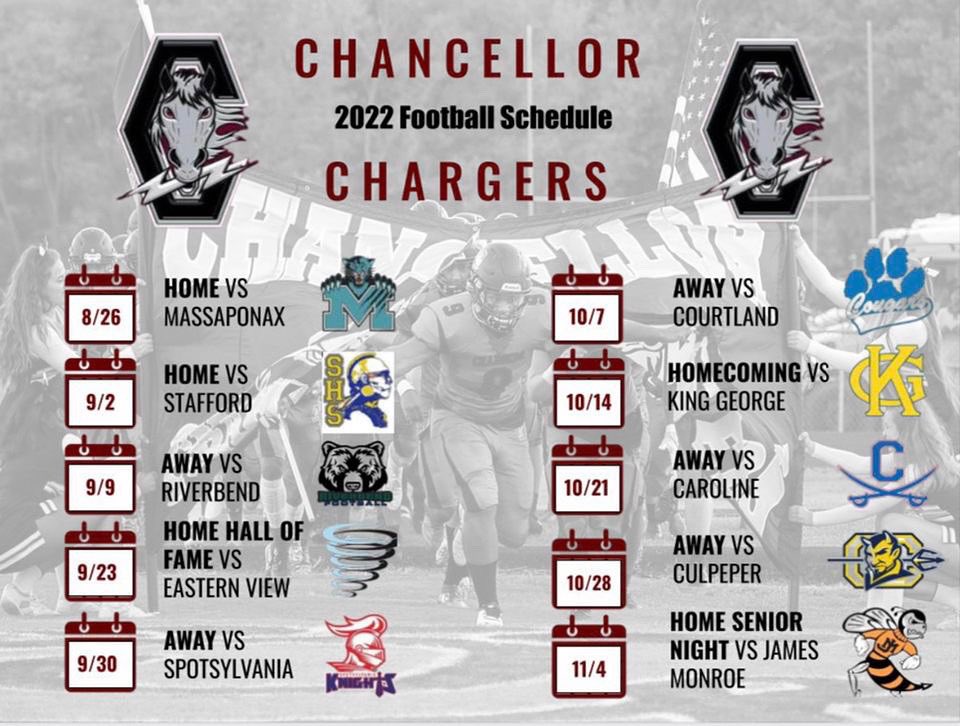 2022 Football Schedule! Go Chargers!🏈🐾⚡️
<a href="/ChanAthletics/">Chancellor Athletics</a> <a href="/ChargerChaos/">Charger Chaos</a>