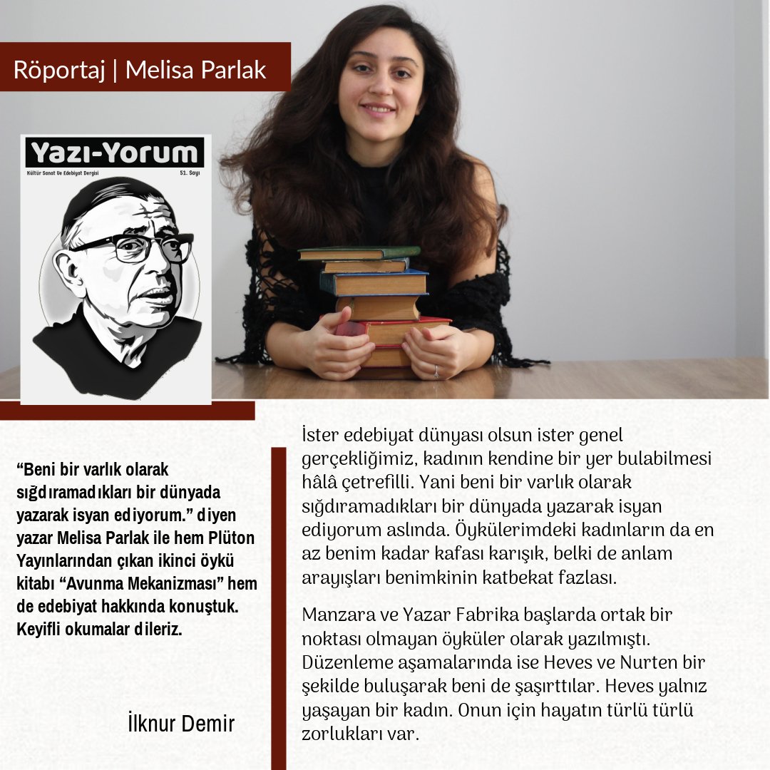 YazYorum15's tweet photo. “Beni bir varlık olarak sığdıramadıkları bir dünyada yazarak isyan ediyorum.” diyen yazar Melisa Parlak ile hem Plüton Yayınlarından çıkan ikinci öykü kitabı “Avunma Mekanizması” hem de edebiyat hakkında konuştuk. Keyifli okumalar dileriz.
https://t.co/HZqU9SrE2w https://t.co/ziACxDVKI9