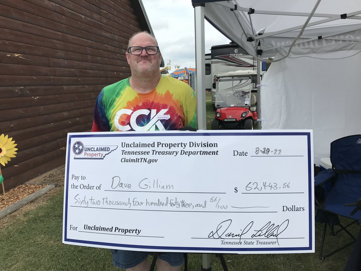 TNTreasuryDept's tweet photo. Stop scrolling and check this out—- Dave found more than $60,000 by stopping by the Unclaimed Property booth at @TNStateFair!!!!! Make your way to see us today. You never know you might find! https://t.co/ZTyZ7reY2C
