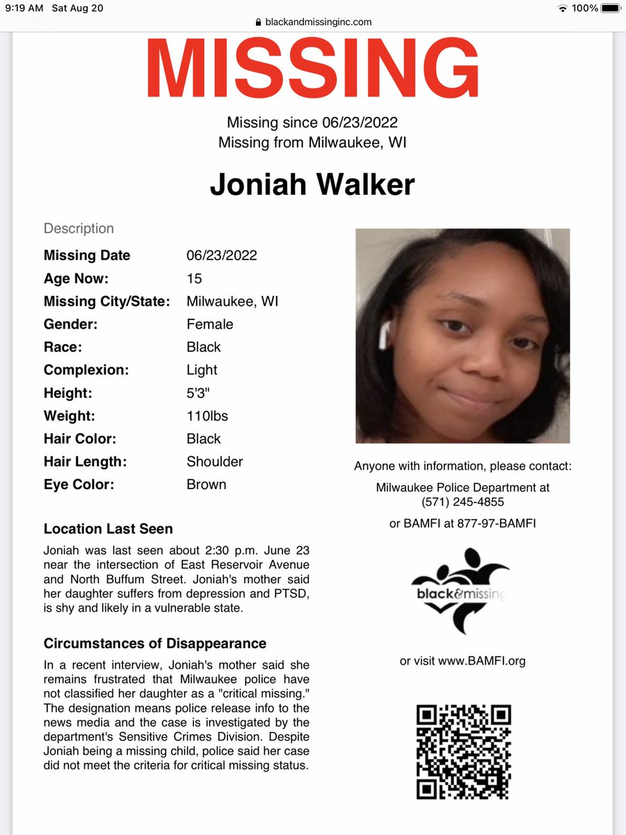 BAM_FI's tweet photo. #Milwaukee, WI: 15y/o Joniah Walker is STILL MISSING. She was last seen June 23. 

Pls SHARE to help find her. 

#HelpUsFindJoniah #JoniahWalker https://t.co/YzfvRmtaIw