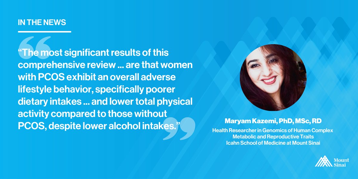 Dr. <a href="/MrmKzm/">Maryam Kazemi, RD, MSc, PhD, CPT</a> discusses an <a href="/IcahnMountSinai/">Icahn School of Medicine at Mount Sinai</a> study finding that women with #PolycysticOvarySyndrome tend to have worse eating and exercise habits than those without it: mshs.co/3vEqmNG