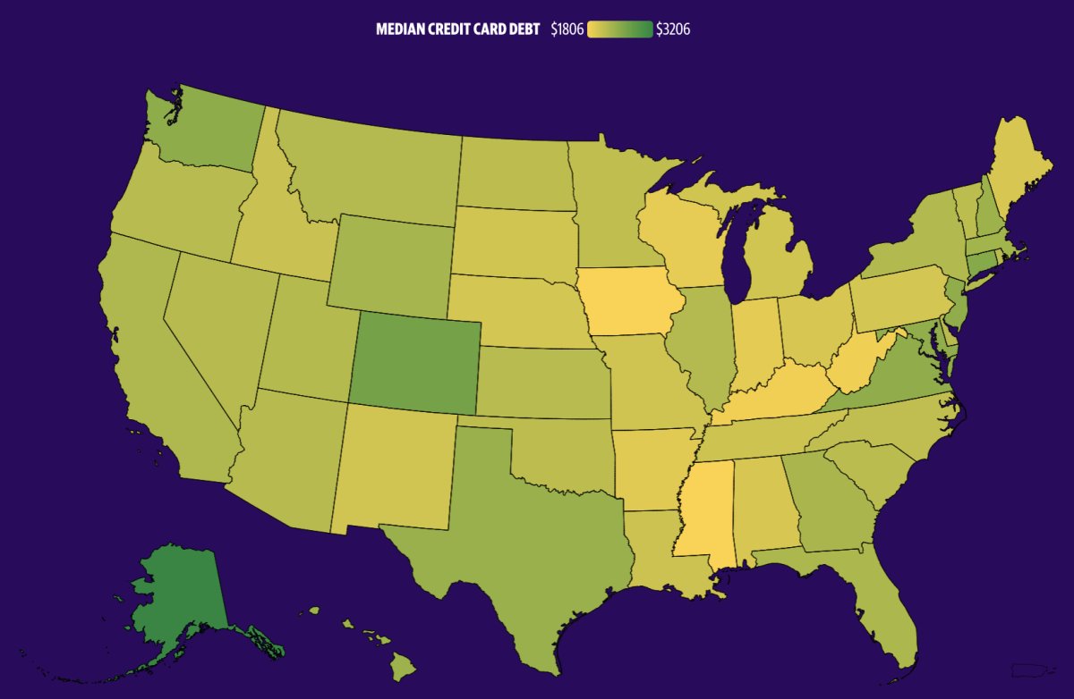 YahooFinance's tweet photo. Map: These are the states with the most and least credit card debt https://t.co/9I8Wadsy6T by @theLukeCM https://t.co/1nykVkYL4S