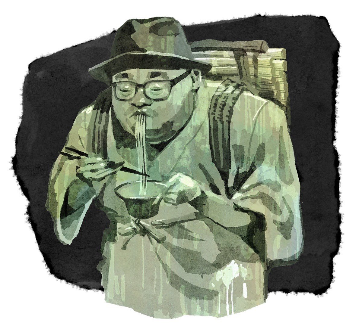 1boy chopsticks glasses solo hat male focus eating  illustration images