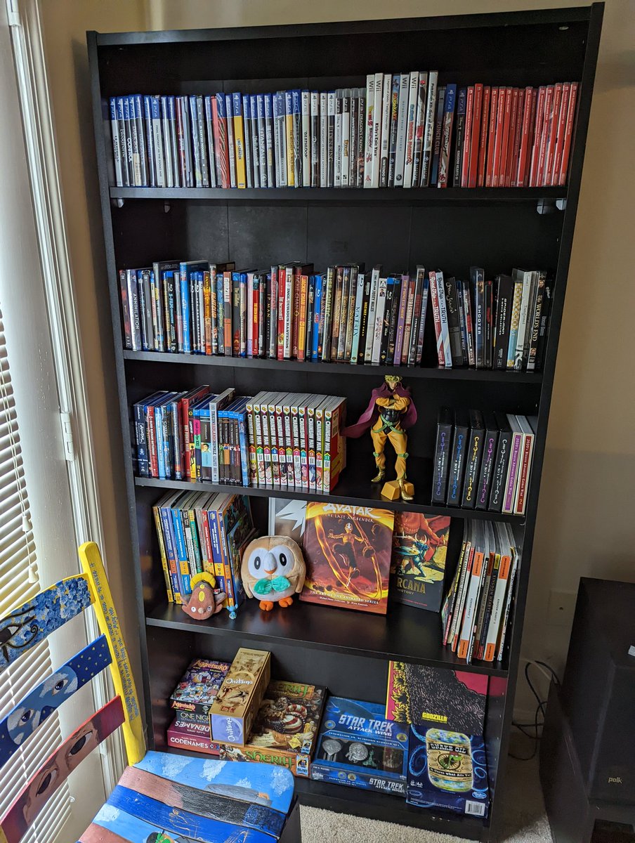 TheToste's tweet photo. Work had a spare bookshelf that was like 4x the size of my previous one, had to improvise with extra stuff to put on it 😅 peep all the Pokemon strategy guides from back in the day. https://t.co/zvo03OMcV2