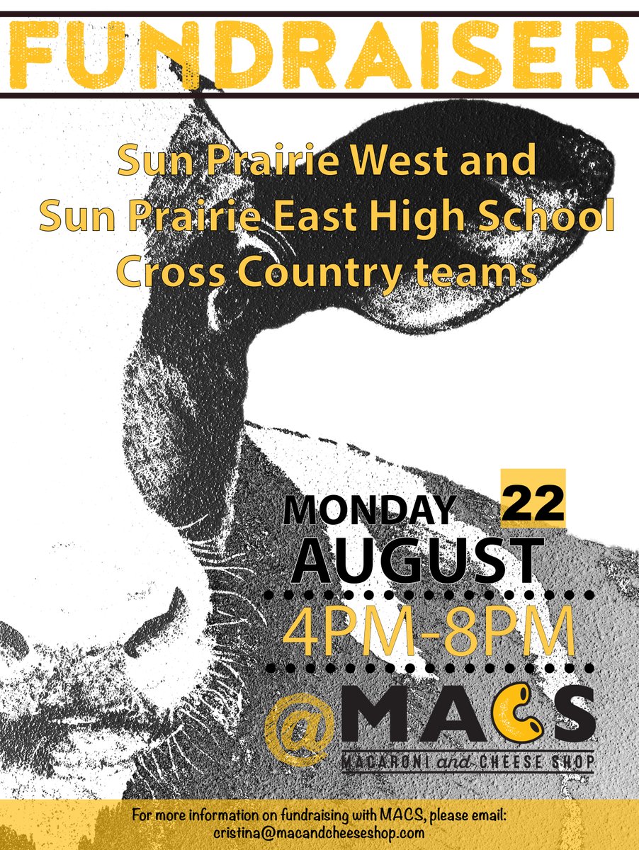 MACS Fundraiser Night this Monday 8/22 from 4:00 - 8:00 PM
Combined night for both the <a href="/SPCardinals/">SP East Athletics and Activities</a> and <a href="/SPWWolves/">Sun Prairie West Wolves</a> XCountry Teams.
👍No Cooking Monday
👍Support Hard Working Kids
👍Delicious Mac &amp; Cheese
