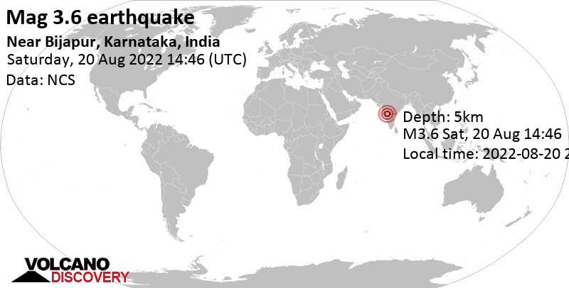 catrisky's tweet photo. Quake info: Light mag. 3.6 earthquake - 19 km east of Bijapur, Vijayapura, Karnataka, India, on Saturday, Aug 20, 2022 at 8:16 pm (GMT +5:30) - 111 user experience reports - VolcanoDiscovery https://t.co/qqfrWGZkWX https://t.co/jlu2kWbljh