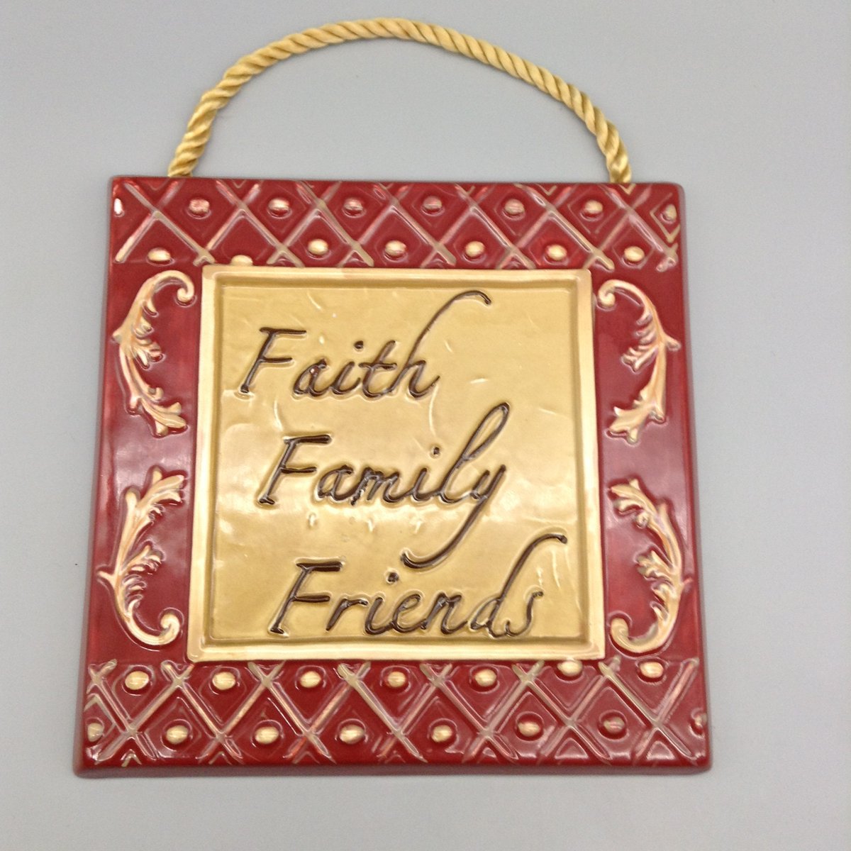 Excited to share the latest addition to my #etsy shop: Faith, Family and Friends Ceramic Plaque etsy.me/3QCknBF #red #ceramicspottery #gold #bedroom #plaque #faithfamilyfriends #ceramicplaque #satincording #kitchenplaque