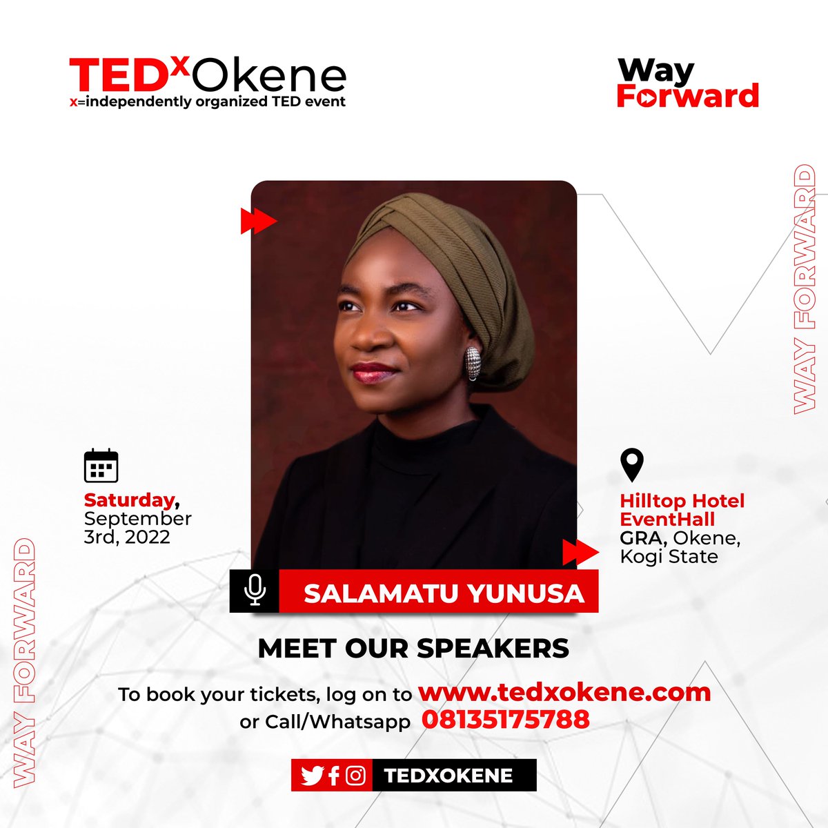 TEDxOkene's tweet photo. Ready for our first #TEDxOkene speaker announcement?

***Drum roll please!***

Salamatu Yunusa.

She is the Executive Director of Stitchs’ Aid Foundation,

A first-class graduate of Electrical and Electronic Engineering from the University of East London. https://t.co/xFUDqpNw2G