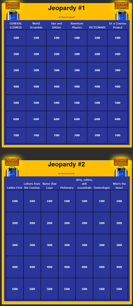 COSMOS JEOPARDY AVAILABLE NOW ON TELEGRAM AND DISCORD. 
@CosmosClub_ <a href="/cosmosibc/">Cosmos IBC</a>