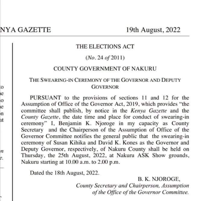 PHIAMAX's tweet photo. Finally
It has been gazetted that the Swearing-in of Governor @susankihika will be on this coming Thursday.
#GavanaNiMama
#TransformingNakuruTogether
#PuttingPeopleFirst
#UchumiKwanza
#TestedProvenReady
#ChamaNiUDA
#RaisNiRuto
#SueTheSureBet https://t.co/7tkc7qL4Jx