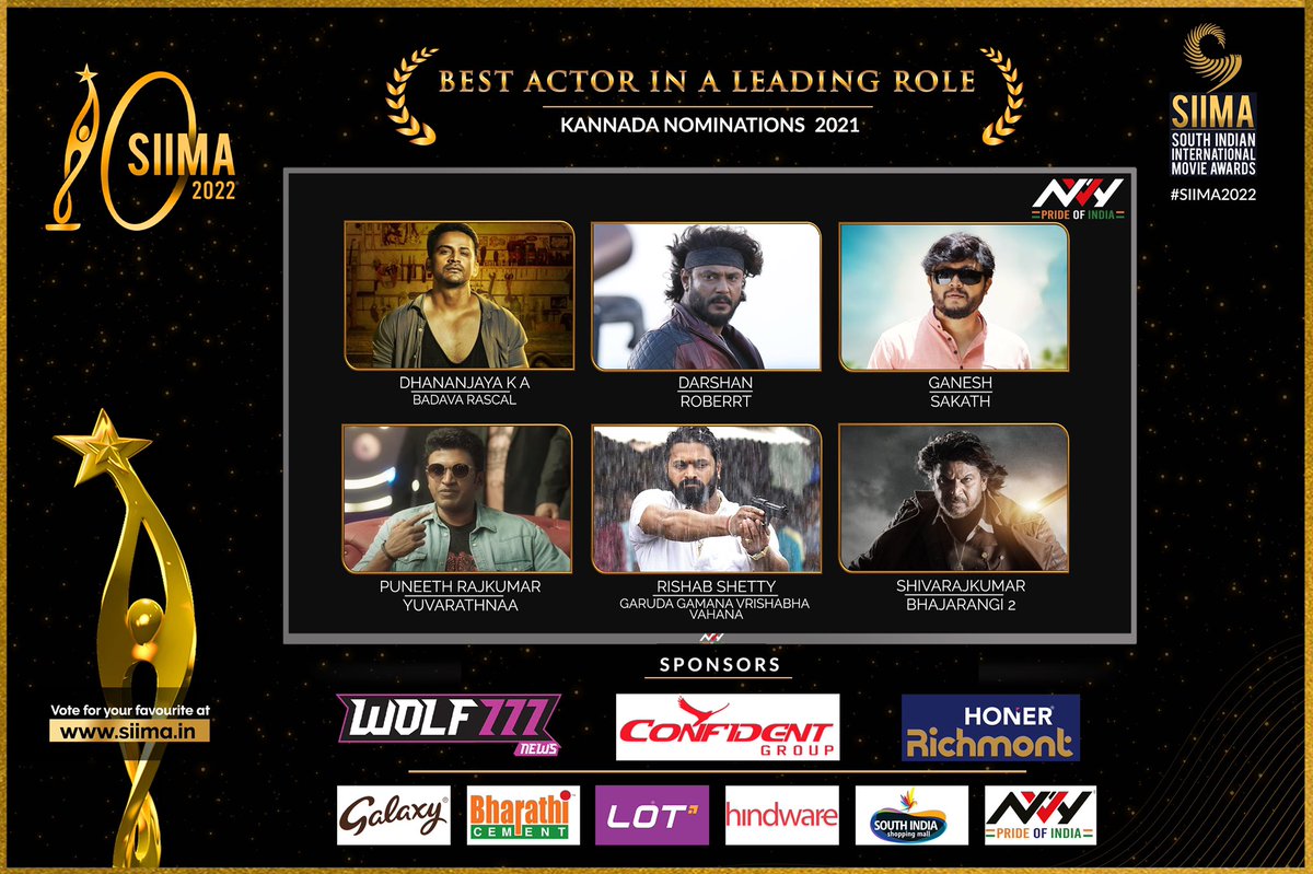 SIIMA 2022 Best Actor in A Leading Role Nominations | Kannada
1. @Official_Ganesh for #Sakath
2. @NimmaShivanna for #Bhajarangi2
3. @shetty_rishab for #GarudaGamanaVrishabhaVahana
4. @dasadarshan for #Roberrt
5. @PuneethRajkumar for #Yuvarathnaa
6. @Dhananjayaka for #BadavaRascal