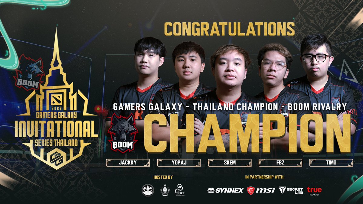 GAMERS GALAXY: Dota 2 Invitational HatYai Thailand (@galaxyracersea) on Twitter photo Our #GAMERSGALAXY: Dota 2 Invitational HatYai Thailand 2022 Champions.
<a href="/BoomEsportsid/">BOOM Esports</a> the kings of SEA proving themselves once more as our Defending Champions after a harrowing 5-game series!
Congratulations 🥳🥳 Our #GAMERSGALAXY: Dota 2 Invitational HatYai Thailand 2022 Champions.
<a href="/BoomEsportsid/">BOOM Esports</a> the kings of SEA proving themselves once more as our Defending Champions after a harrowing 5-game series!
Congratulations 🥳🥳