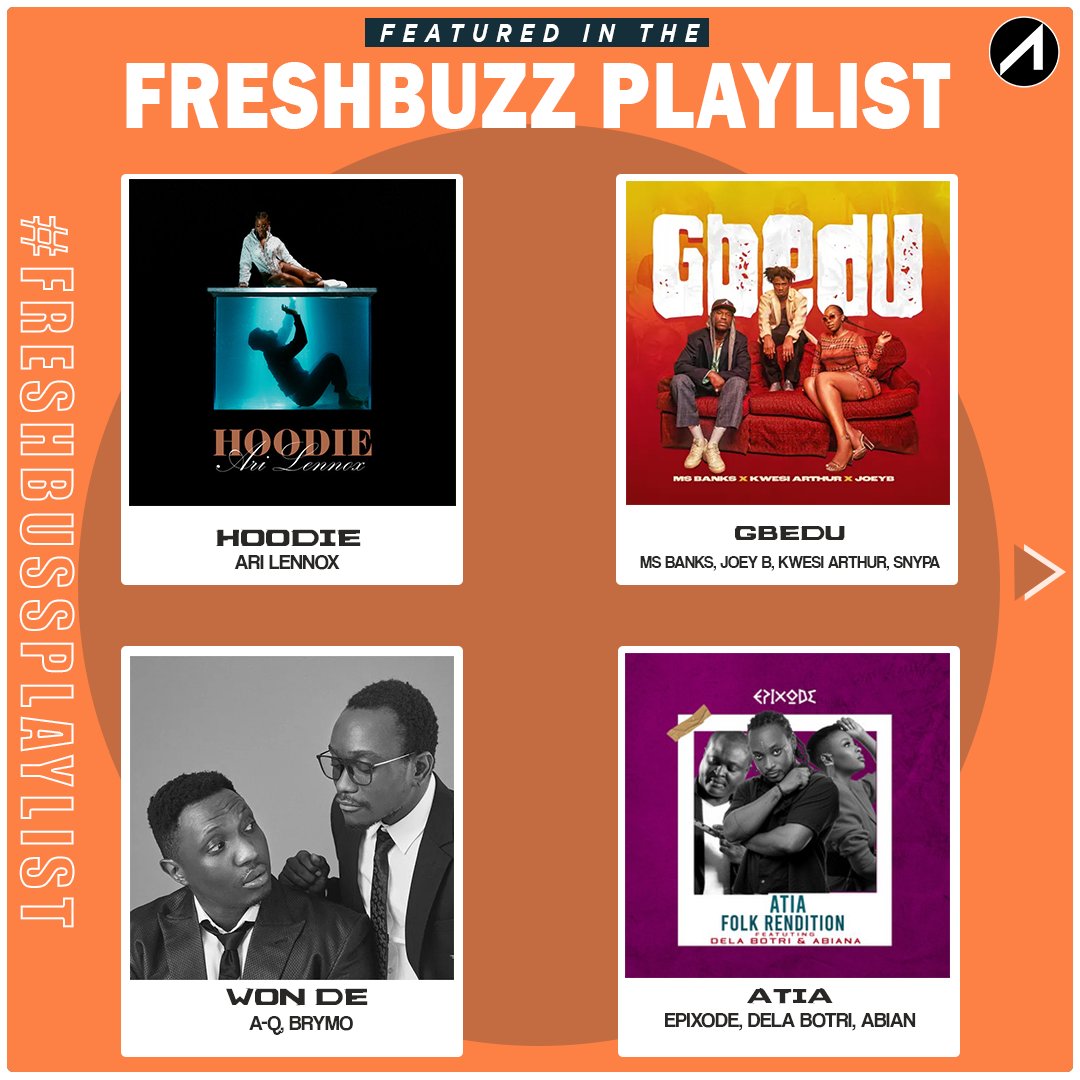 Addiscohitz's tweet photo. @Joeboy @TeejayUptop @BNXN @moodyjones @Spotify @AppleMusic @audiomack @Amerado_Burner @LASMIDOFFICIAL1 @Mavado_Gully @Pheelz @davido @aico @stonebwoy Featured on the #FRESHBUZZplaylist; 
Hoodie - @AriLennox 
Gbedu - @MsBanks, @KWESIARTHUR_, @JoeyB, 
Won de - @BrymOlawale 
Atia (Folk Rendition) - @epixodemusic @Abianamusic @DelaBotri
 
Plug in your headphones &amp; chill
LISTEN: https://t.co/2Q44hCte6Z

Burna Boy #ChaleWote2022 https://t.co/SNqOEHVBVx