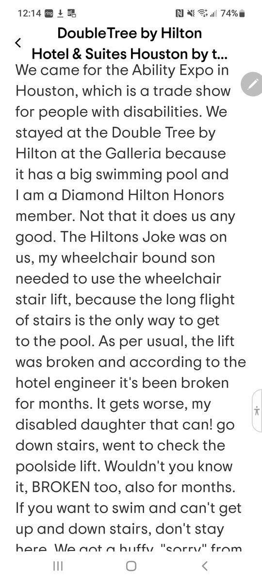 ldwood's tweet photo. @abilityexpo @HiltonHotels heads up for Disabled Community... The ADA Equipment at Double Tree by Hilton at the @Houston Galleria, to get to the pool (stairs only) and in the pool is broken and has been broken for months. Stayed her for Ability Expo Houston 2022 https://t.co/jwwb3fCWot