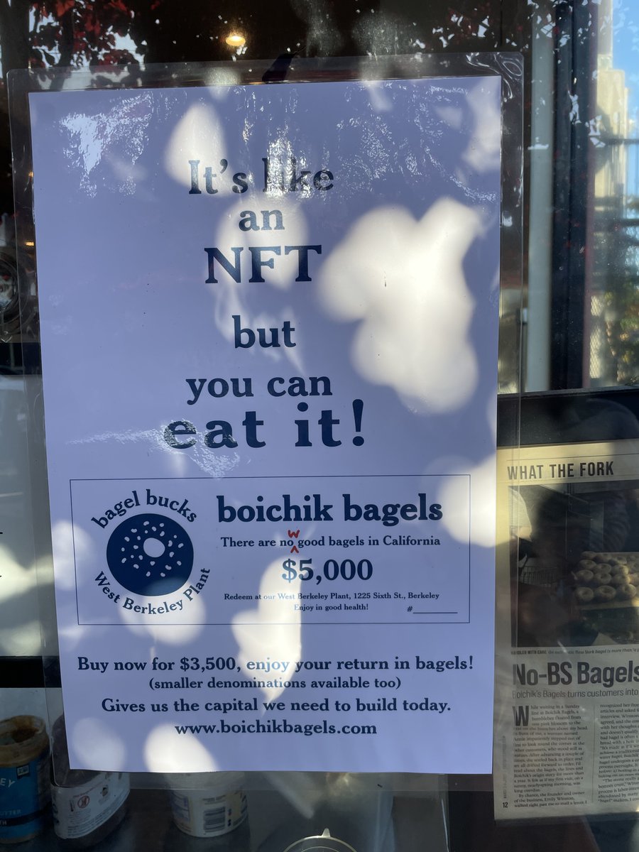 Mark_Goldberg_'s tweet photo. Fintech x Bagels 🥯💵

My local bagel shop just raised $644,700.00 from the community -- not a bank. 

What it tells us about small business lending, web2 vs. web3 solutions, and fintech in 2022 👇 https://t.co/1UAraoLqk3