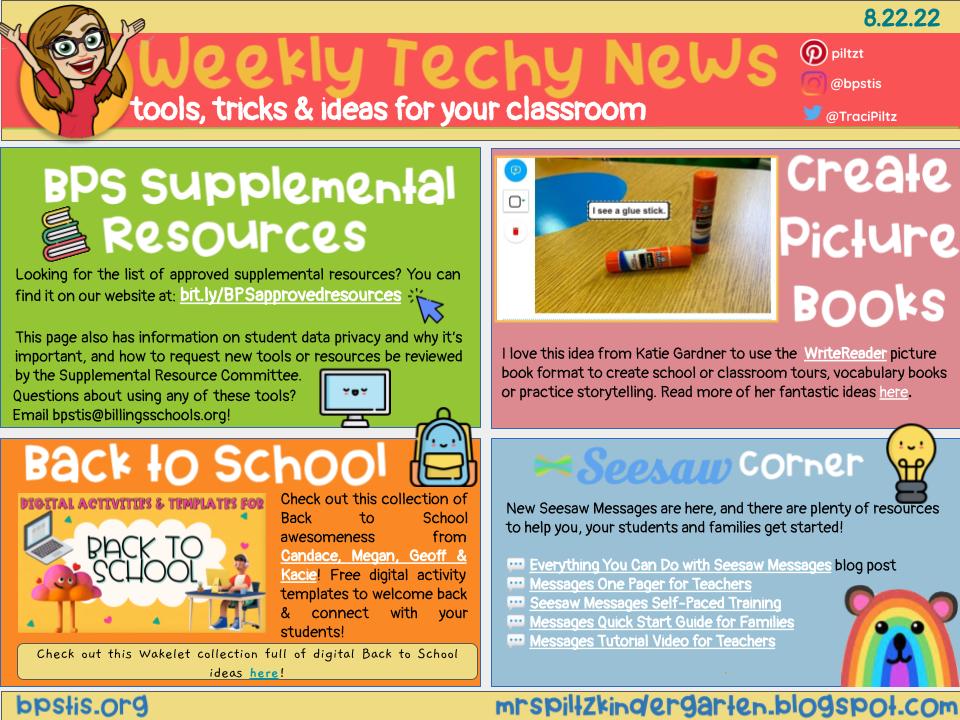 TraciPiltz's tweet photo. Weekly Tech-y News 📰
👀Where to find approved supplemental resources for #BPSLearns Ts
📕Create picture books in @WriteReaderApp 
🍏Tons of #backtoschool ideas
💬Resources to help you get started with @Seesaw Messages
➡️https://t.co/qyq9vU0xam⬅️ https://t.co/qbcHBdD3o5