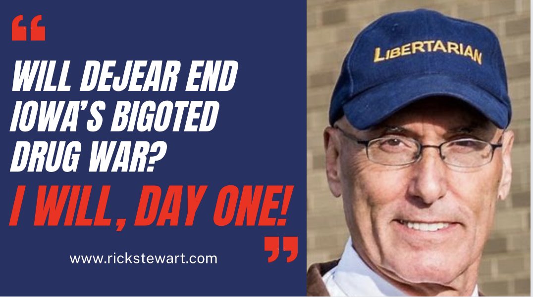 RickStewart's tweet photo. We know @IAGovernor prefers to use state violence against addicts (claiming it’s due to her past addiction) but how about @DeidreDeJear? Will you commit to pardoning all non-violent drug “criminals” on day one if elected? #IAGov #PickRick https://t.co/8d8voZoA7y