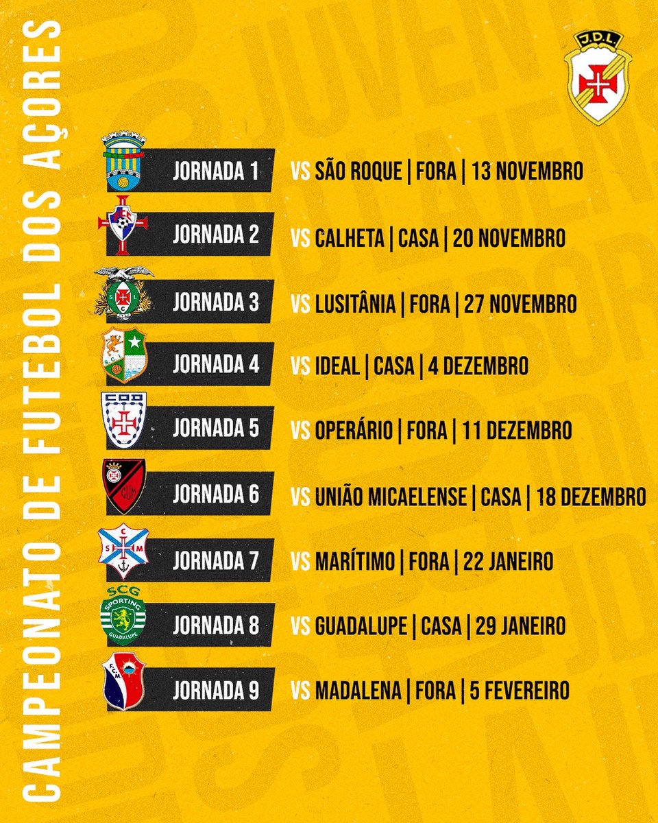 JDLajense's tweet photo. Aqui está o Calendário do Campeonato de Futebol dos Açores 🗓 

O regresso dos Amarelos está para breve 🔜
#BoraAmarelos #YellowSubmarine https://t.co/sehMYaiCi2