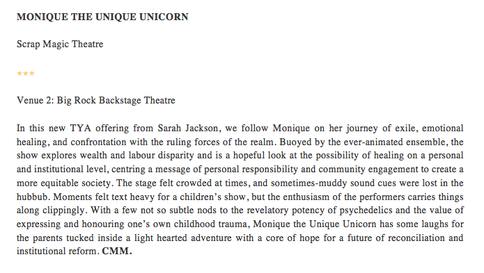 FRINGE REVIEW: MONIQUE THE UNIQUE UNICORN (THREE STARS) for this light-hearted and hopeful new show from Edmonton's Scrap Magic Theatre.

<a href="/edmontonfringe/">Edmonton Fringe</a>
#YEGFringe