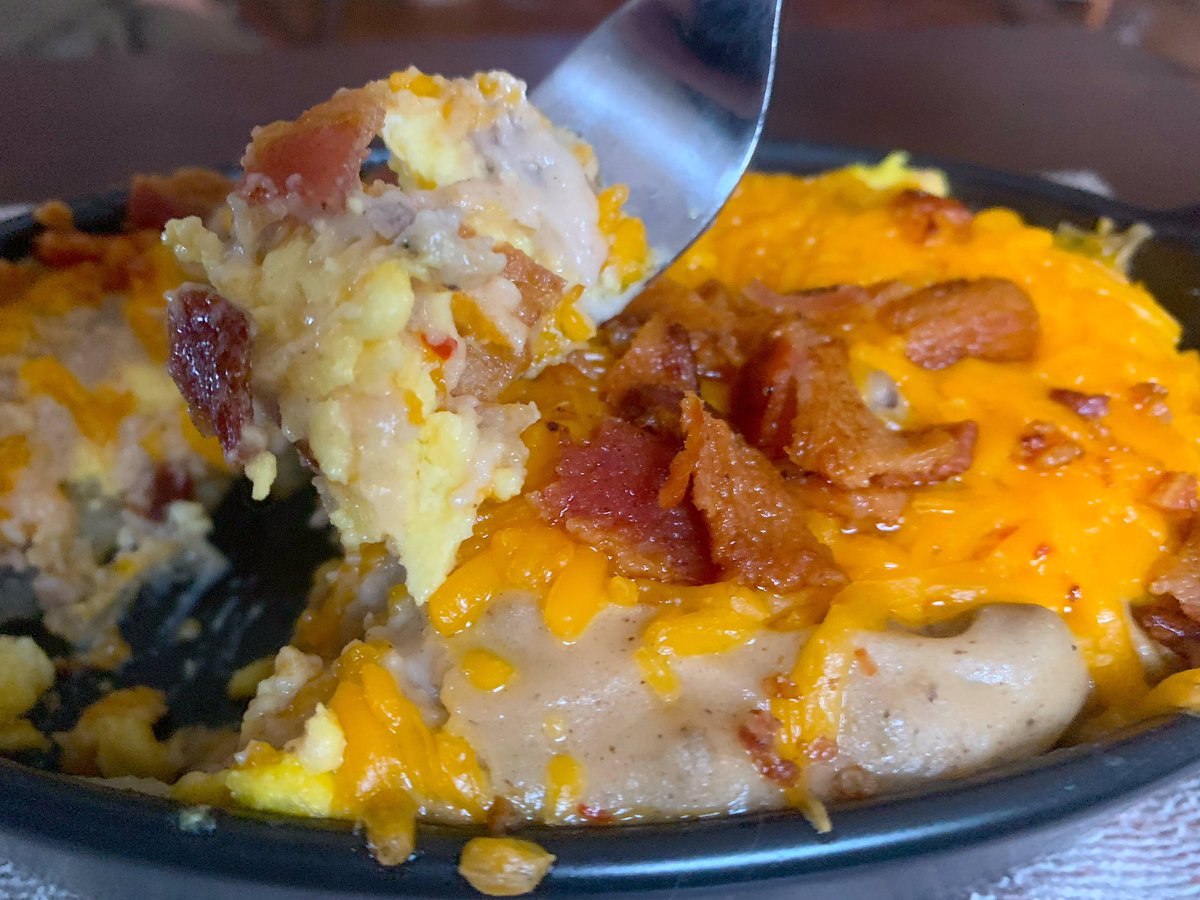 Breakfast Bowl with Scrambled Eggs, Home Fries, Sausage Gravy, Cheddar Cheese, and Bacon. 🔥🔥🔥🔥

 #foodporn #food #breakfast #lunch #dinner #foodie #cheflife #foodpic #myculinaryadventures #recipe #bbq #foodblog #knives #chefknives #cooking #yummy