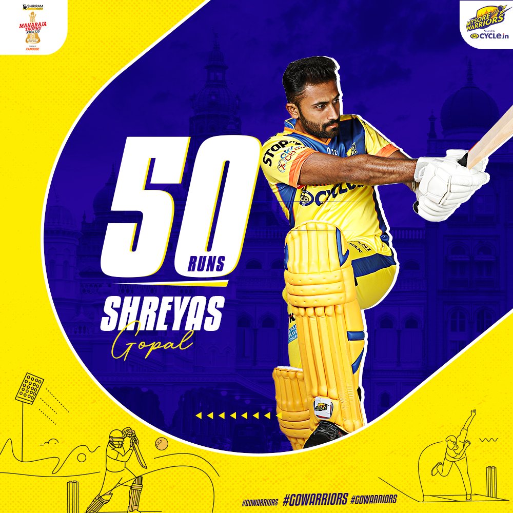 mysore_warriors's tweet photo. A fighting 50 for Shreyas 🙌
Just class from Shreyas Gopal as he brings up his half century. Much needed innings tonight 👏👏
#MysoreWarriors #GoWarriors #MaharajaTrophy #IlliGeddavareRaja #MWvBB https://t.co/jd6AkvPzrQ