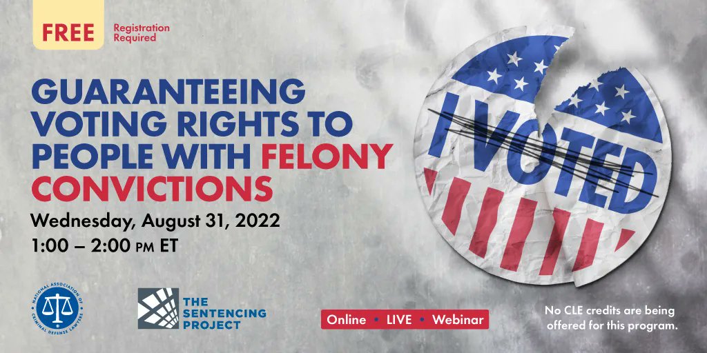 Join <a href="/NACDL/">NACDL</a> and <a href="/SentencingProj/">The Sentencing Project</a> 8/31 from 1-2pm ET for a FREE webinar to kick off National Voting Rights Month! Tune in to hear from Cecile Strong of <a href="/LWVFlorida/">LWV of Florida</a>, WA state Rep. <a href="/TarraSimmons5/">Tarra Simmons</a>, and Anthony “Pete” Petty, of <a href="/Not_Our_Crimes/">MoreThanOurCrimes</a>!

Register today: buff.ly/3wcR4Ny