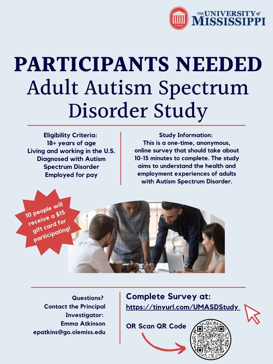 OleMissPH's tweet photo. One of our undergrad students is recruiting for her senior thesis research!

Anonymous 10-minute survey- eligible folks are 18+, employed, and living with Autism Spectrum Disorder. 

Link: https://t.co/yDvDUGGNey

Please retweet, share widely, and participate if eligible! #autism https://t.co/xR9suo0JGA