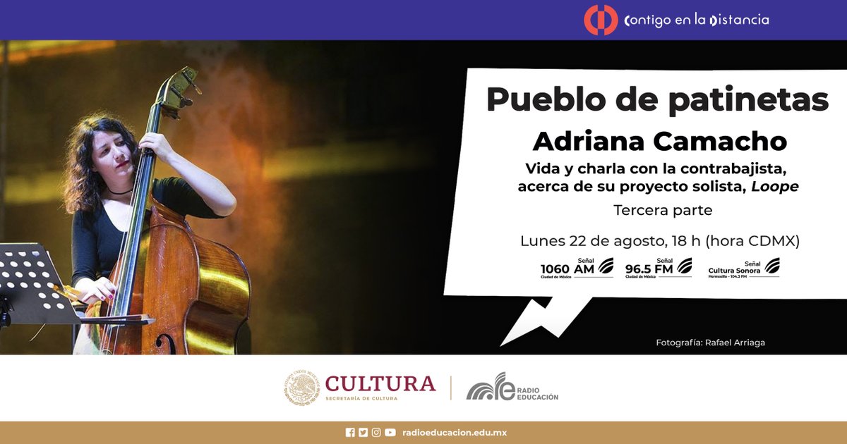 RadioEducacion's tweet photo. Recuerda que este #Lunes tienes una cita en Pueblo de patinetas🛹
Adriana Camacho, una de las mejores contrabajistas mexicanas, nos platicará sobre su historia con el jazz y la música🎶; también nos platicará de #Loope, proyecto como solista
⏰ Lunes | 18 h
📻 1060 AM, 96.5 FM https://t.co/3Vcfeii86t