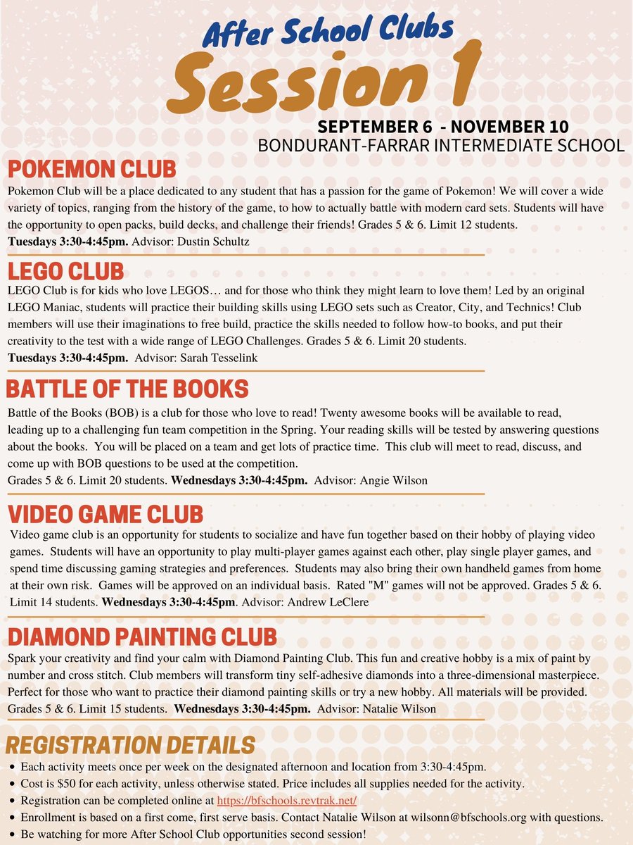ndwilson1286's tweet photo. If you have a student at the Intermediate School, be sure to check out our After School Club opportunities. Visit https://t.co/7n61hZPOeO and register online today!  @BF_District  @BF_Intermediate https://t.co/uqU2PZEe79
