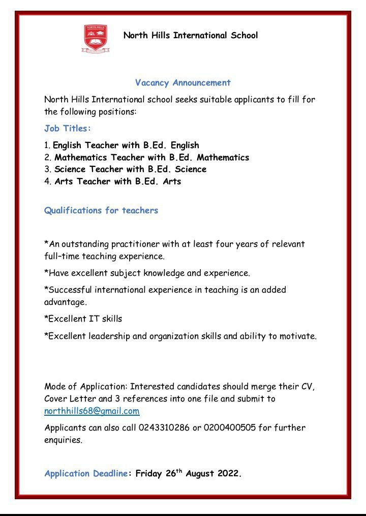 North Hills International School is #hiring teachers that hold a Bachelor of Education degree to teach: 
English 
Mathematics 
Science
Arts

Apply here northhills68@gmail.com with a merged CV, Cover Letter and 3 references into 1 file. 
#employment #teachers #opportunity #school